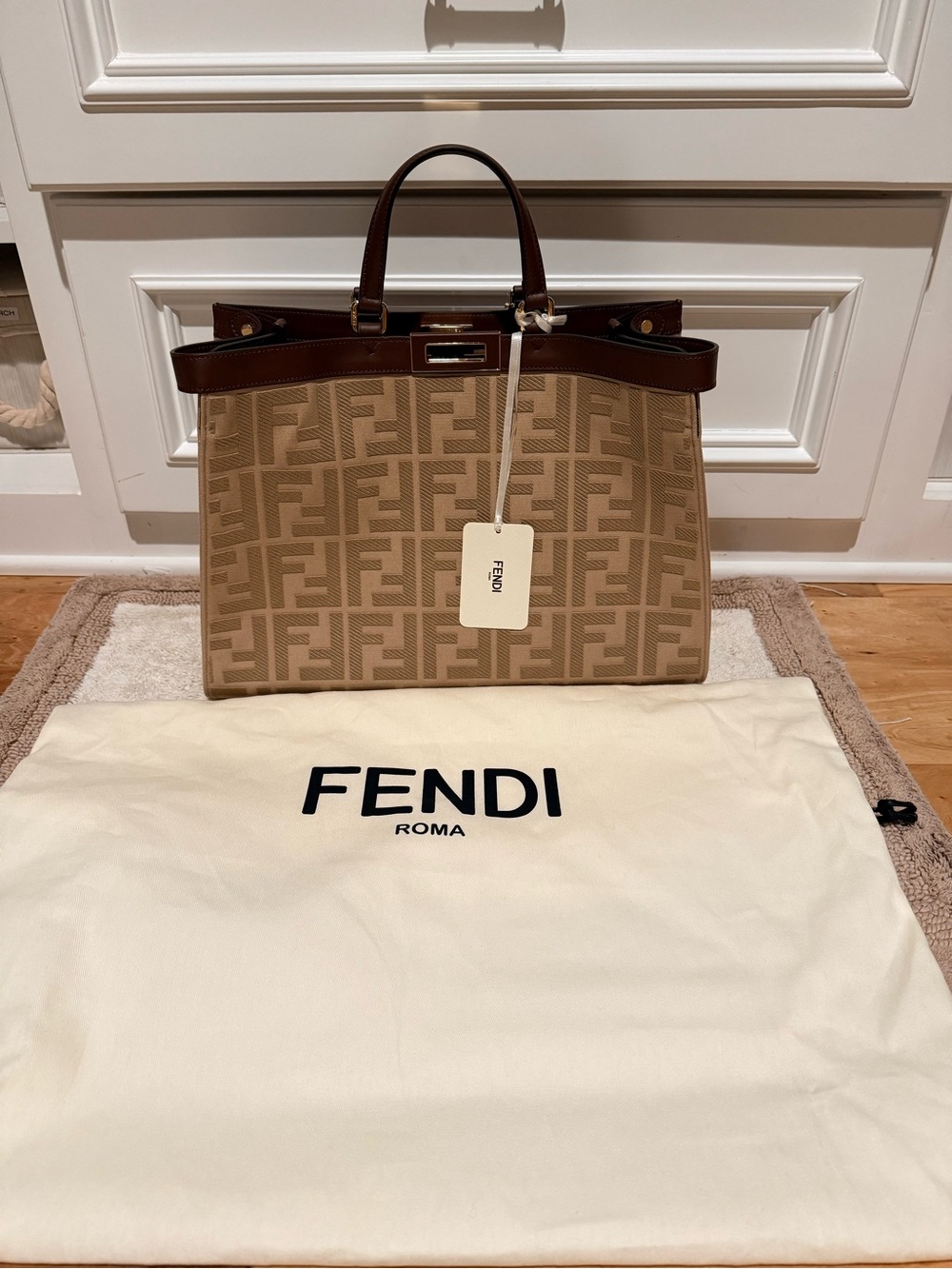 Fendi X-Tote Medium Canvas Ricamo Filo FF Tote in Beige and Chocolate Brown